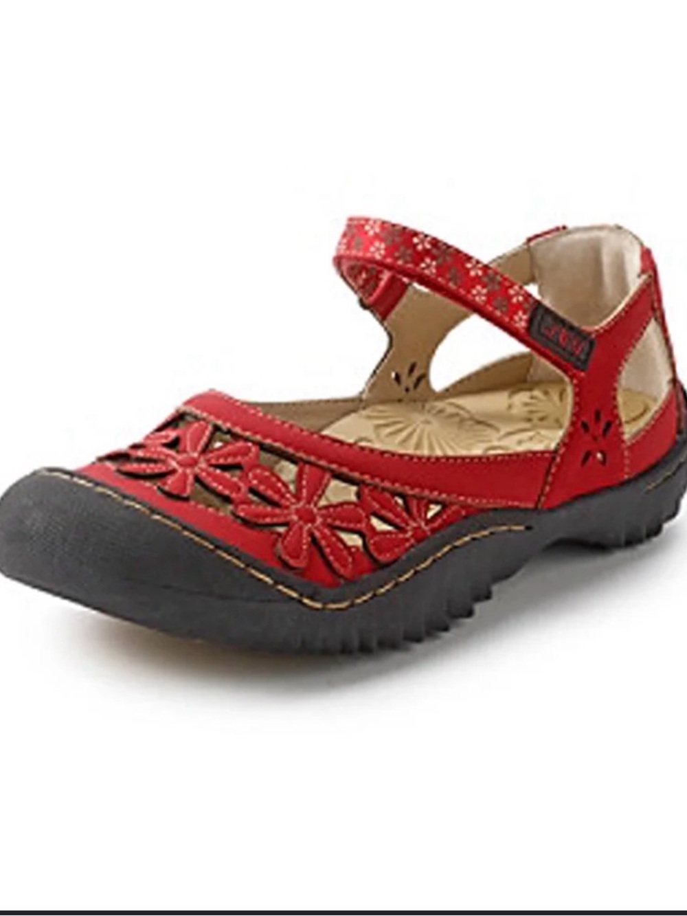 JBU Red Floral Cutout Mary Jane Sandal with Black Sole